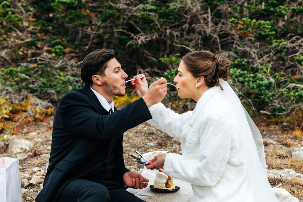 Colorado Elopement Photographer captures bride and groom feeding one another cake