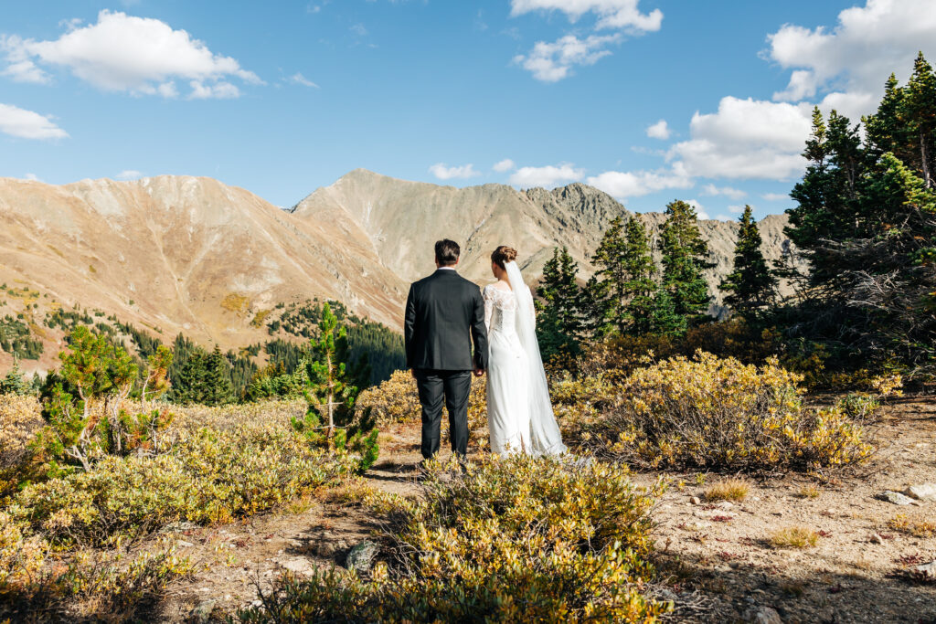 Colorado Elopement Photographer captures bride and groom walking away hand in hand after elopement ceremony