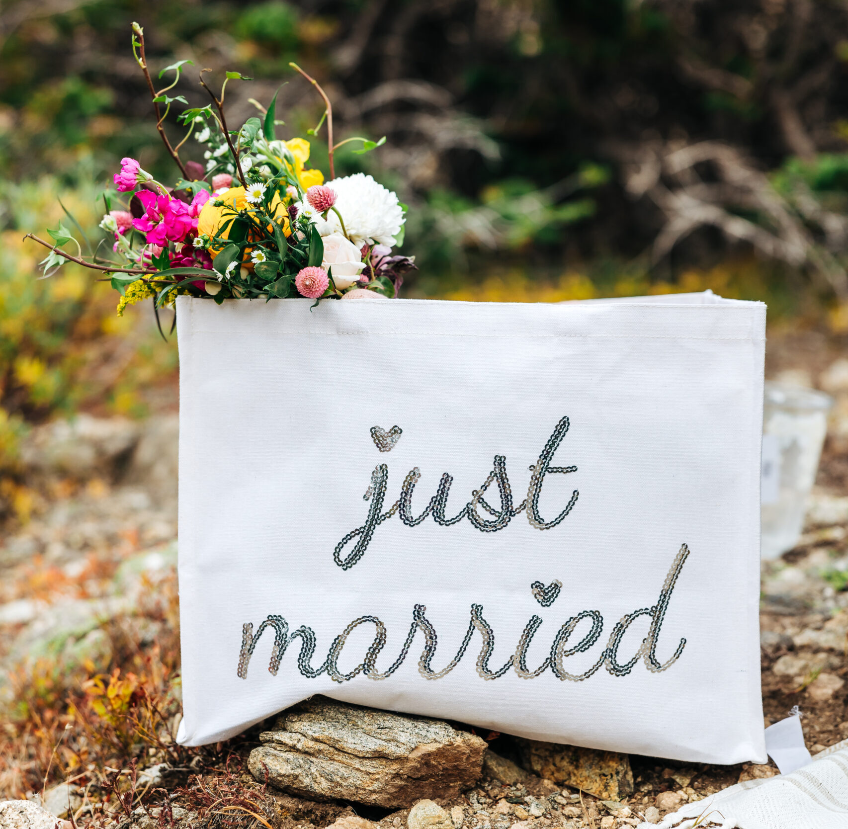 Denver Elopement Photographer captures 'just married' sign after intimate elopement
