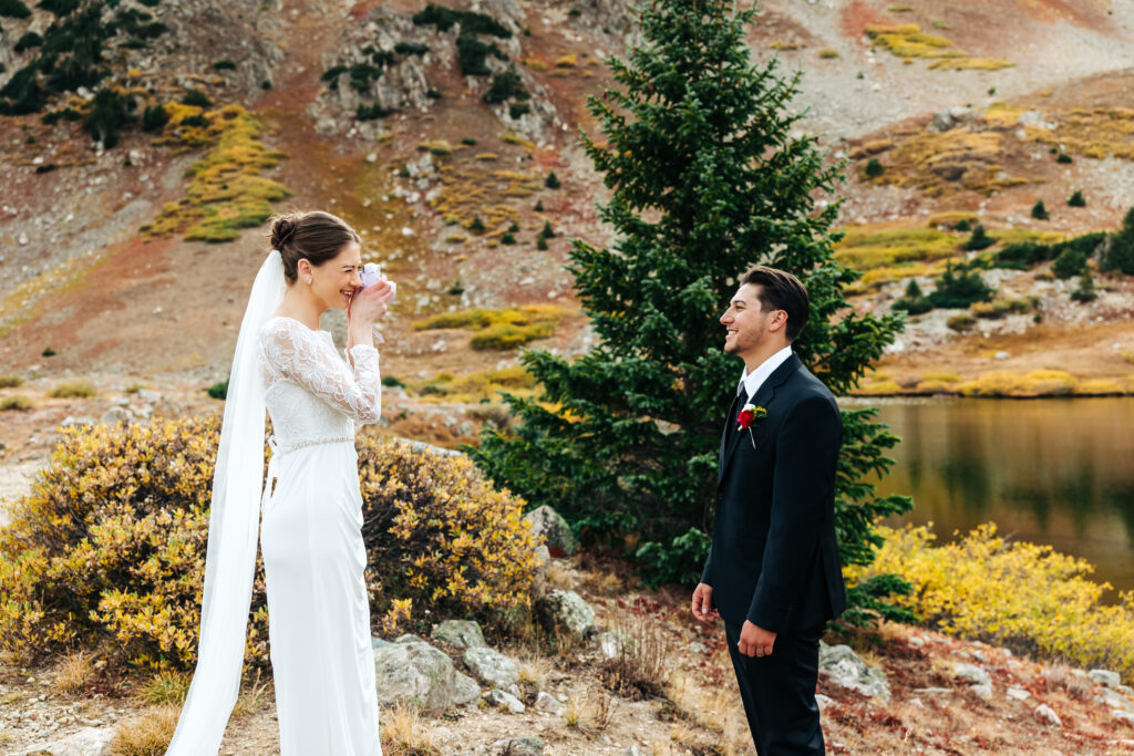 Denver Elopement Photographer captures first look between bride and groom on wedding day