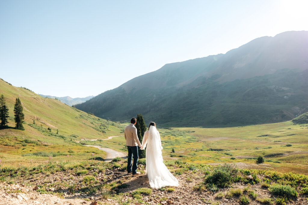 bride and groom facing the mountains surrounded by greenery and mountains. There is a trail in the background that was used to do off-roading
